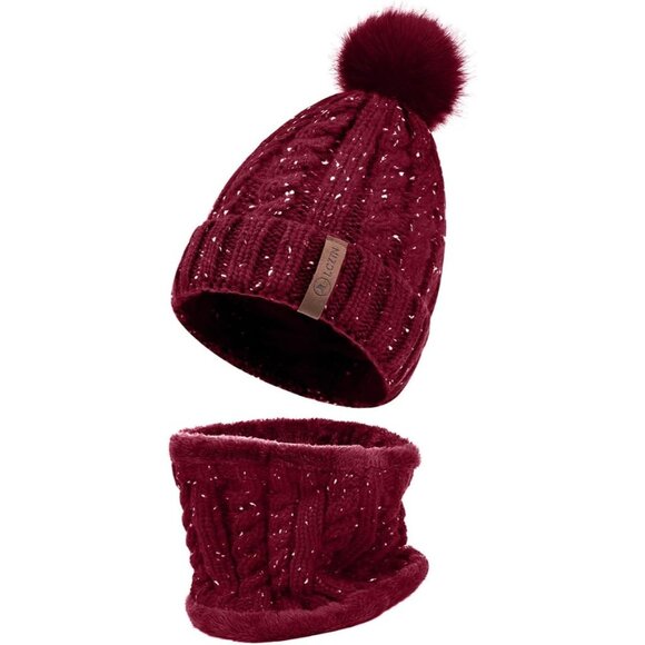 Women's Pom Beanie Hat and Scarf Set Cute Winter Ski Hat with Fleece Lining - Picture 1 of 7